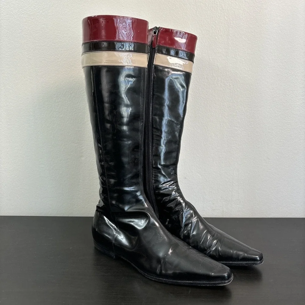 Burberry Red Black Patent Leather Pointed-Toe Knee-High Riding Boots Womens 37.5